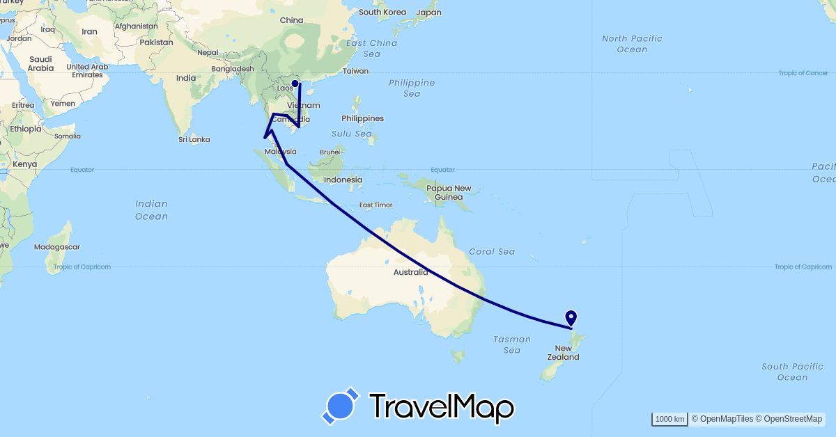 TravelMap itinerary: driving in Indonesia, Cambodia, New Zealand, Singapore, Thailand, Vietnam (Asia, Oceania)